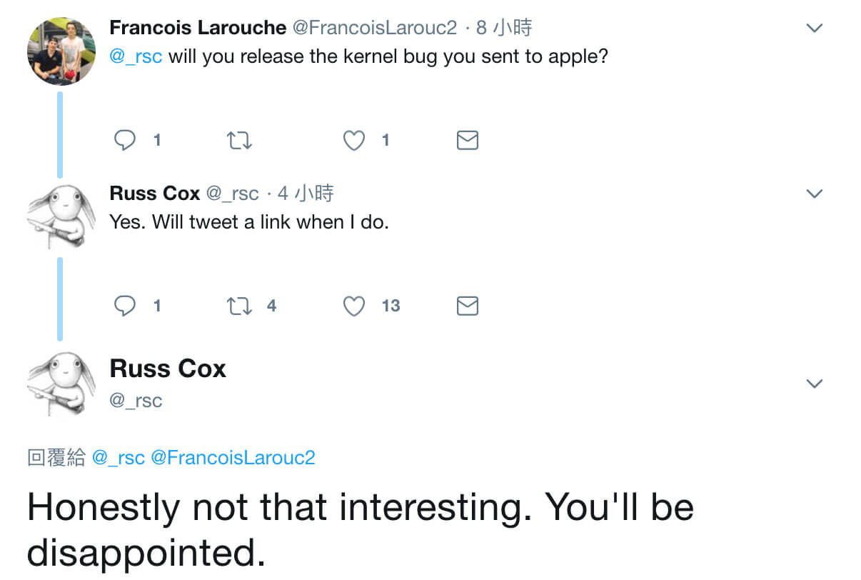 Russ Cox推特回應說明