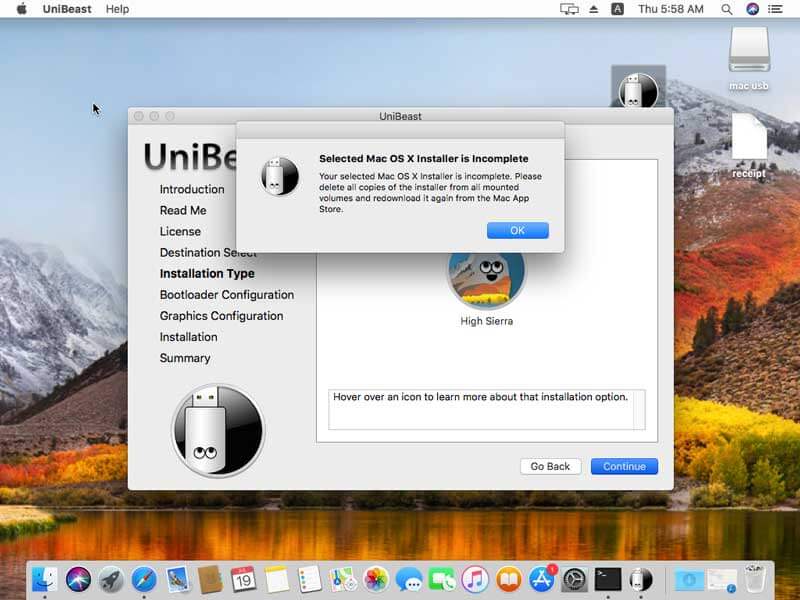 selected mac os x installer is incomplete