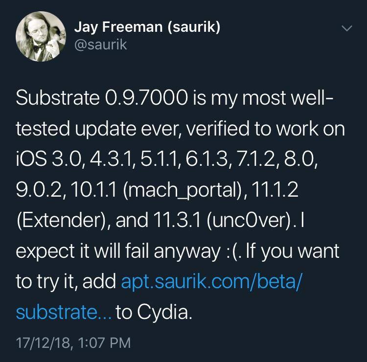 saurik update cydia substrate v097000 support ios11 twitter