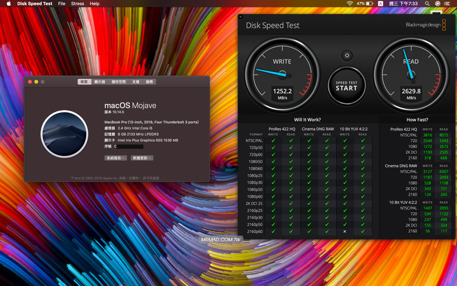 blackmagic disk speed test of macbook pro 2012 256 ssd