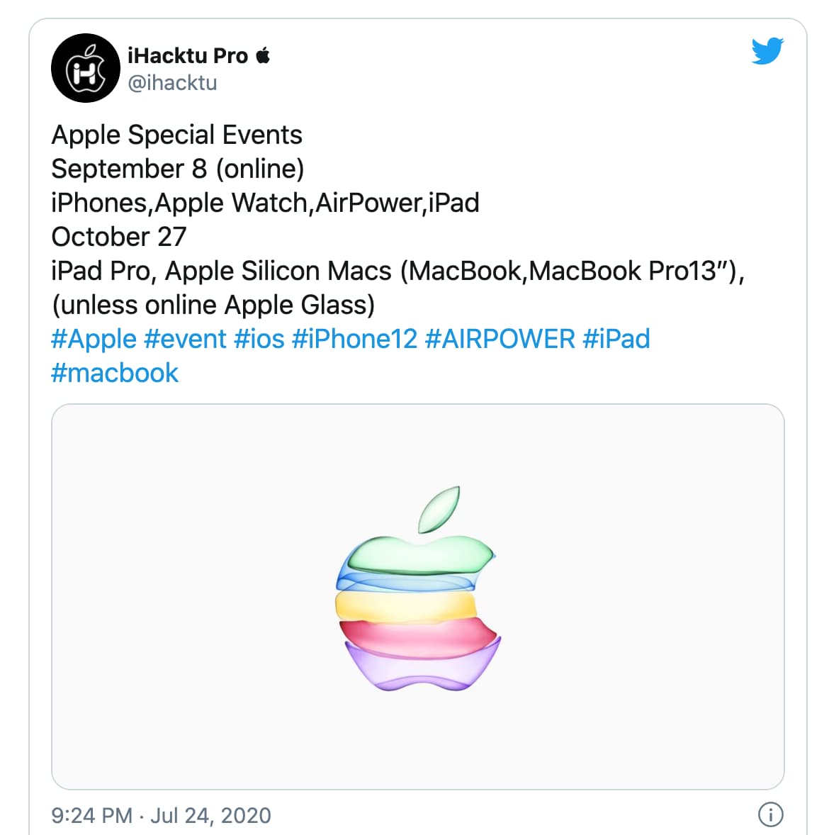 iHacktu Pro 爆料2020蘋果秋季發表會將在 9月8日於線上舉行