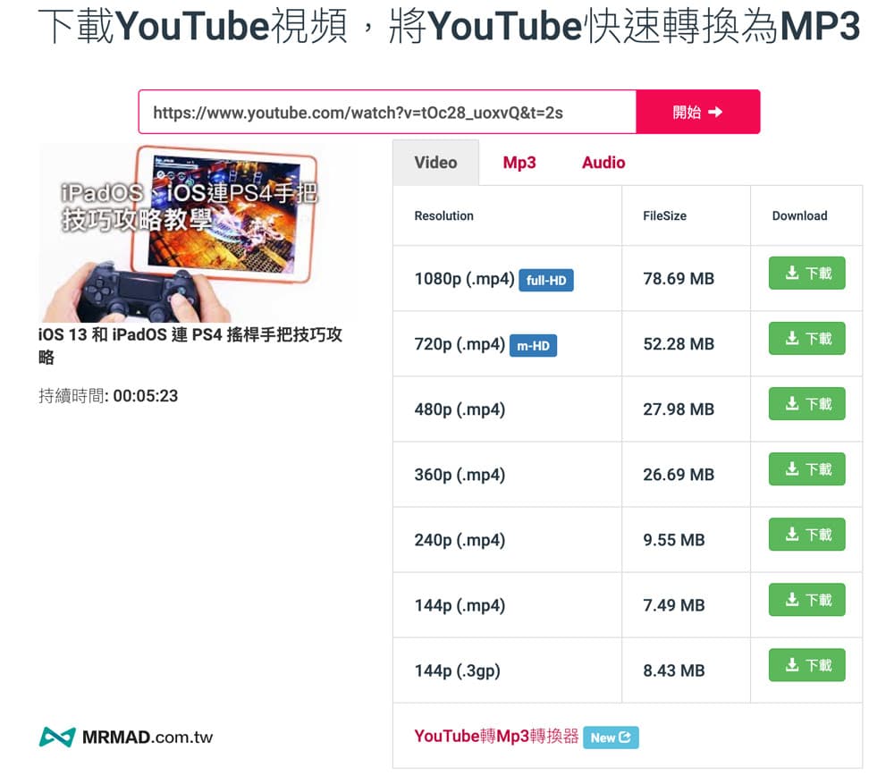 Y2meta 免費線上Youtube轉MP3或MP4影片下載器