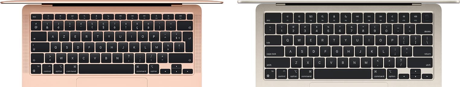 MacBook Air 鍵盤差異：MacBook Air M1 （左圖），MacBook Air M2 （右圖）