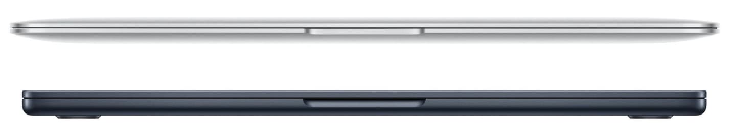 MacBook Air 厚度差異：MacBook Air M1 （上圖），MacBook Air M2 （下圖）