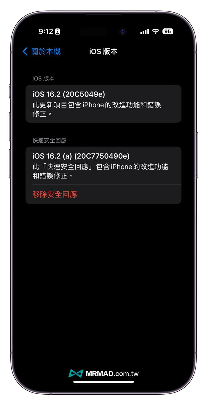 iOS 16.2 快速安全回應更新說明與移除頁面