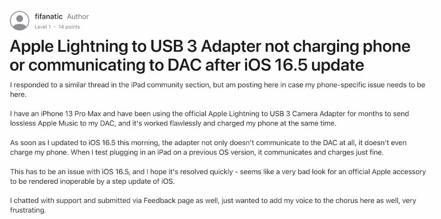 iOS 16.5 無法支援 Lightning 對 USB 3 轉接器