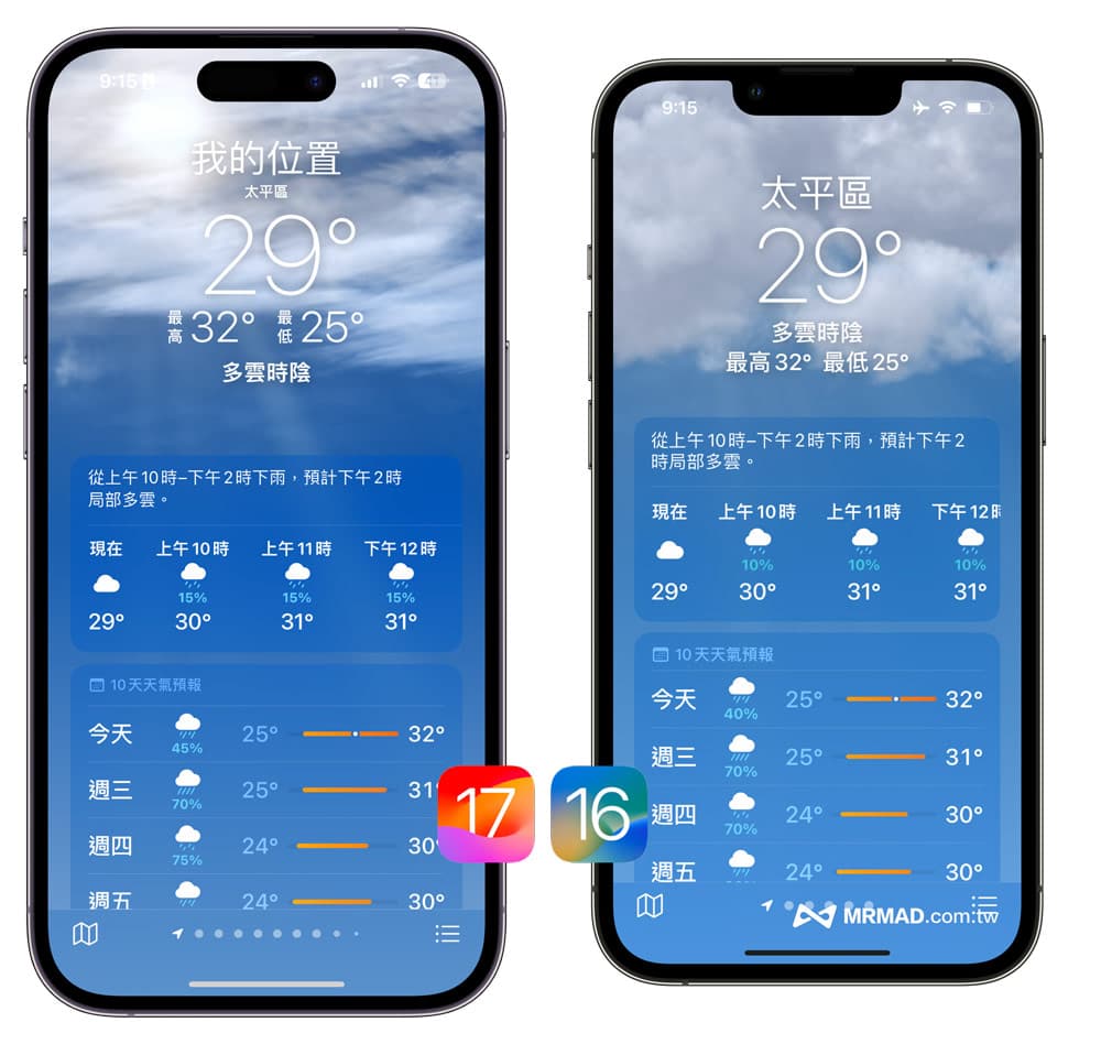 iOS 17天氣 vs. iOS 16天氣 界面差異比較