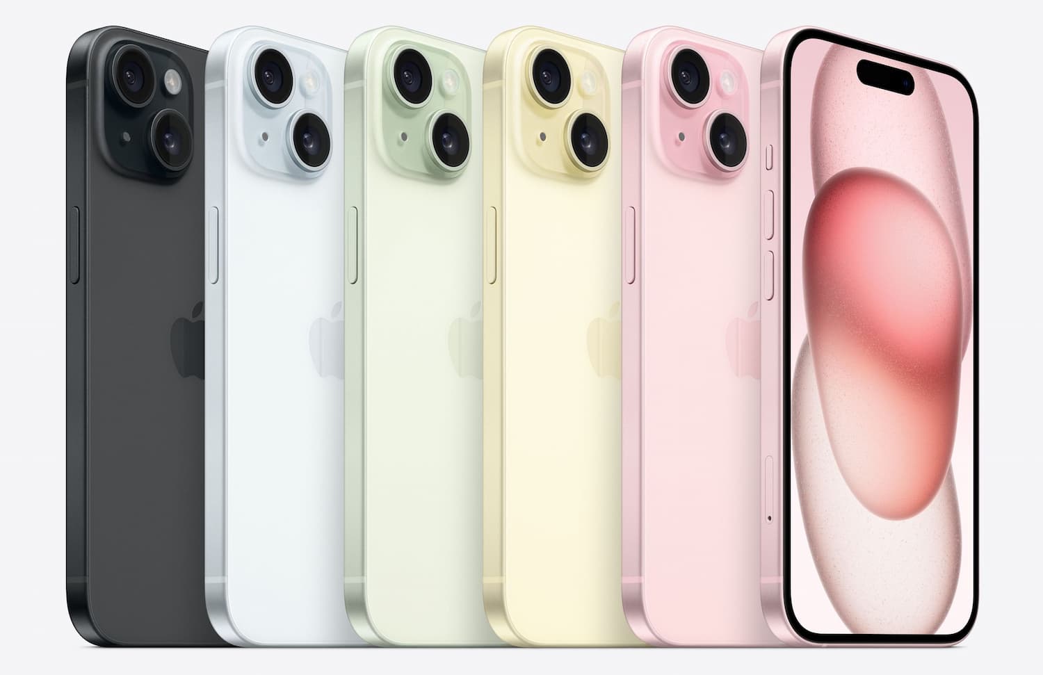 iPhone 15顏色：粉紅色、藍色、黃色、黑色、綠色