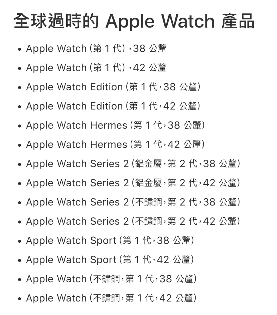 蘋果將第一代Apple Watch列為過時產品
