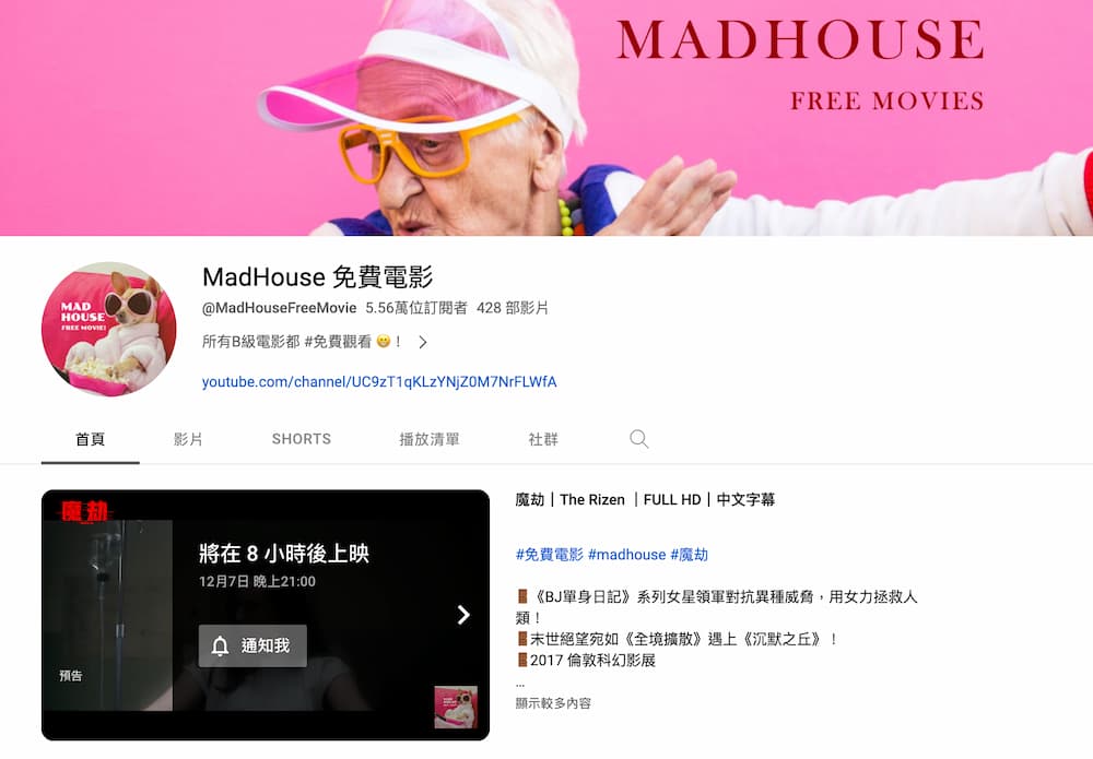 YouTube 電影線上看頻道推薦 2：MadHouse 免費電影