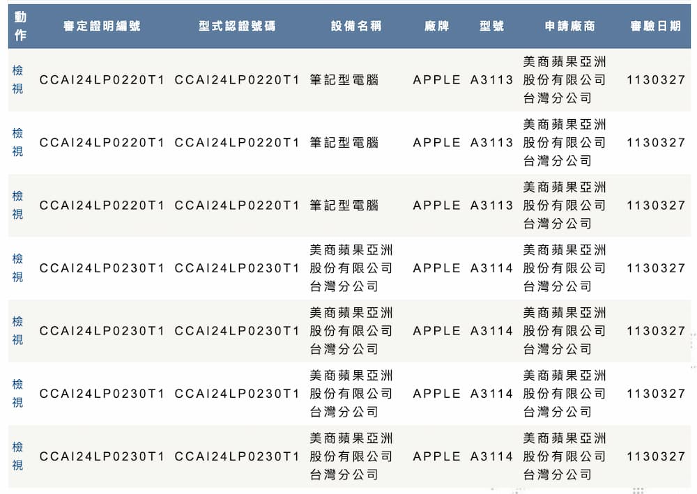 MacBook Air M3 通過台灣 NCC 認證資訊