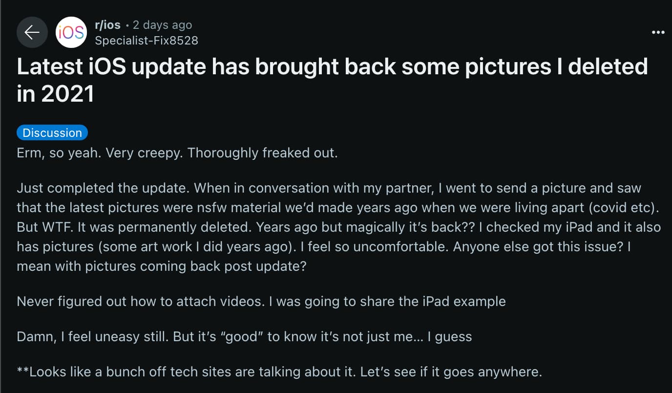 用戶發現 iOS 17.5 Bug 會造成被刪除照片再度還原