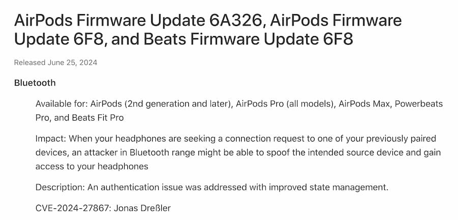 airpods firmware updates 6a326 and 6f8 bug