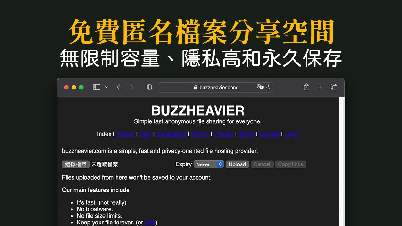 免費匿名檔案分享空間 Buzzheavier：無限制容量、隱私高和永久保存