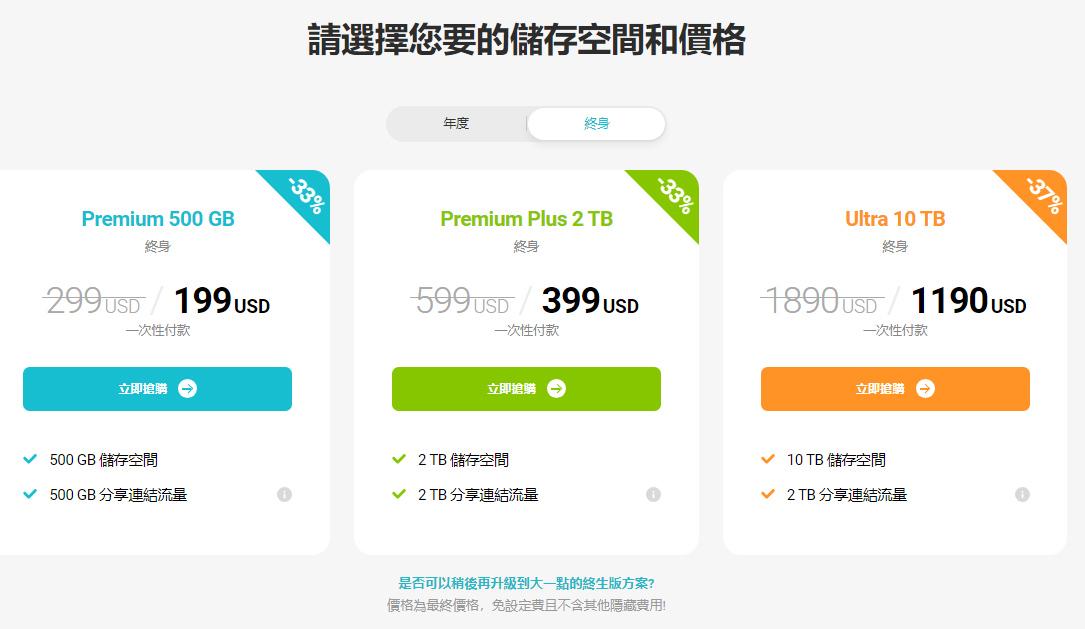 pCloud提供多種大容量方案 付費一次終身使用