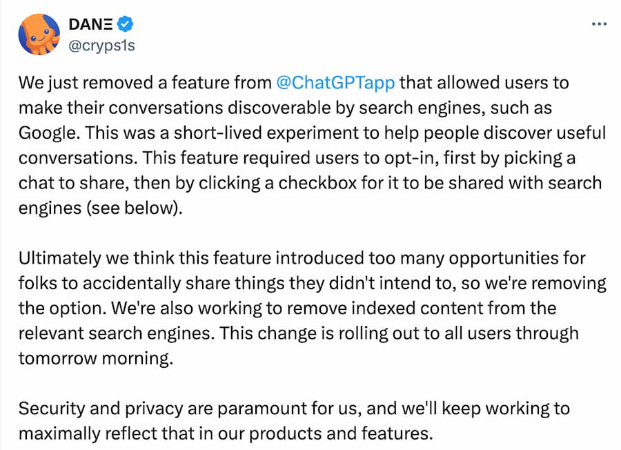 OpenAI緊急出面澄清分享功能有漏洞