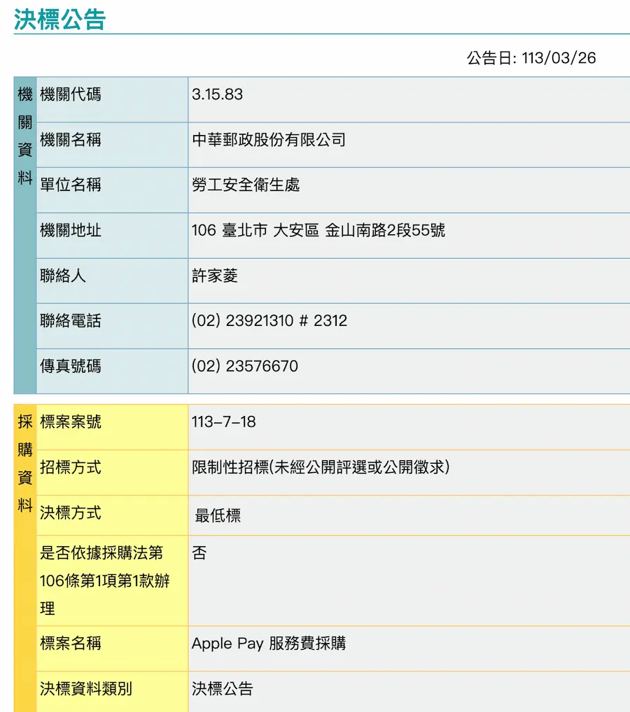 郵局與蘋果完成Apple Pay服務合作採購案