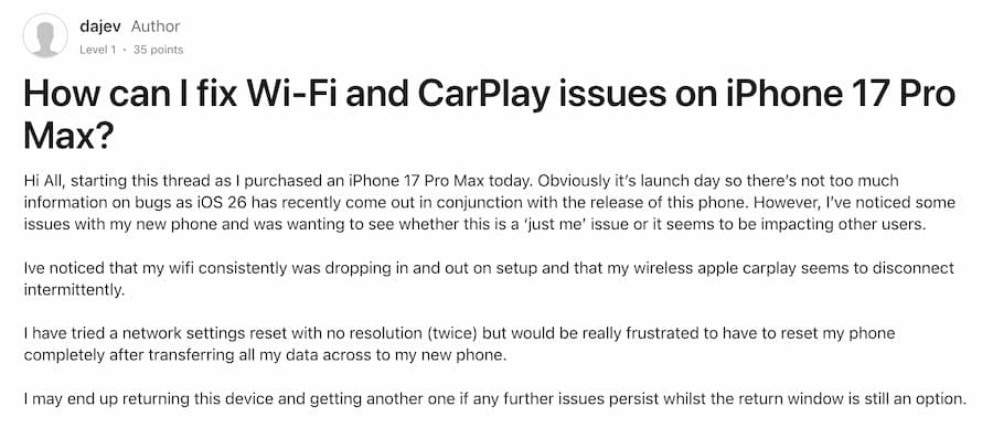 iphone 17 wifi bluetooth disconnect issue a1
