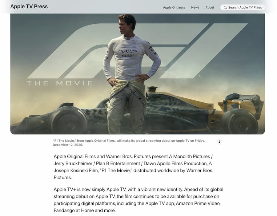 蘋果低調替Apple TV+改名，卻藏在《F1電影》新聞稿裡