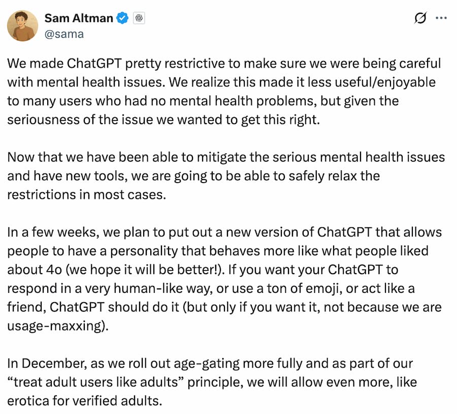 OpenAI官方揭開會想開放ChatGPT情色對話原因