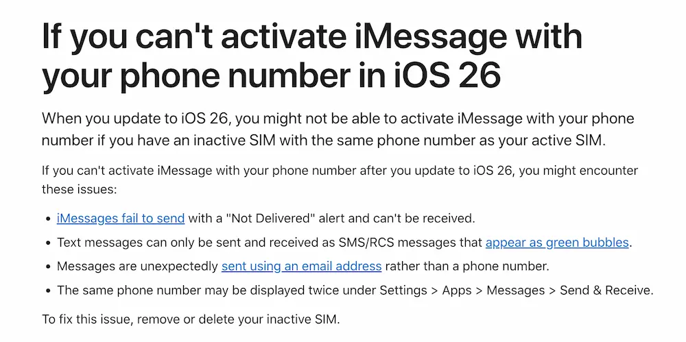 造成iOS 26無法正常啟用iMessage電話號碼主要原因