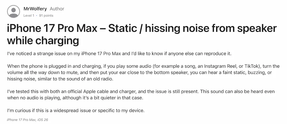 用戶發現iPhone 17 Pro/ 17 Pro Max充電雜音災情原因 1