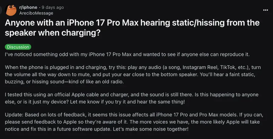 用戶發現iPhone 17 Pro/ 17 Pro Max充電雜音災情原因 2