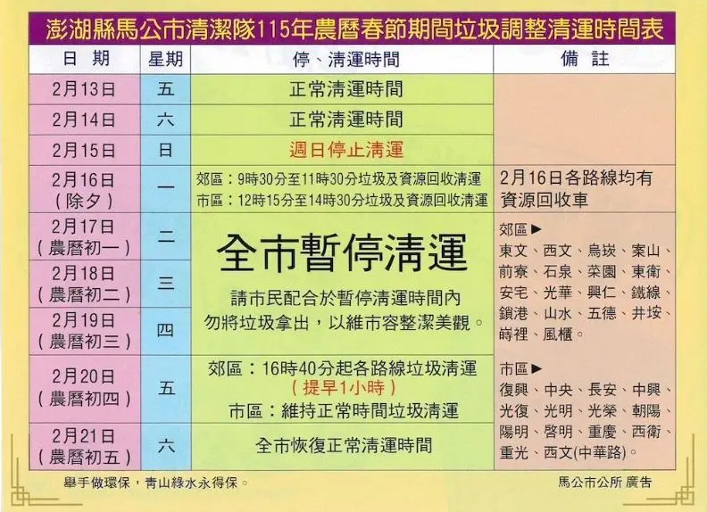 2026澎湖過年垃圾車清運時間