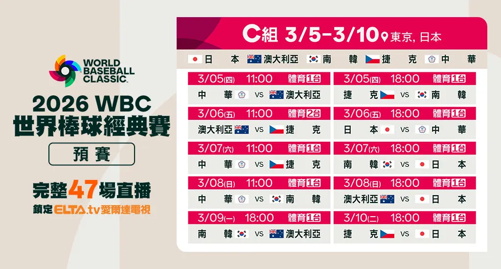 2026 WBC世界棒球經典賽中華隊賽程表 1