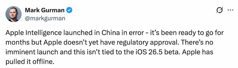 apple intelligence china removal reasons bloomberg a1