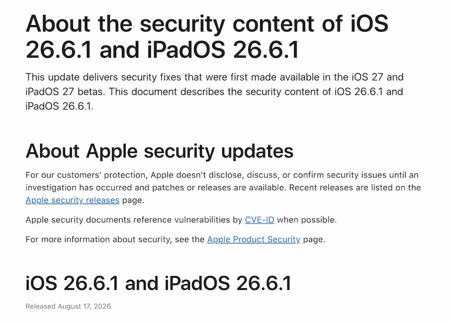 蘋果替 iOS 26.6.1 更新修補超過20項安全漏洞